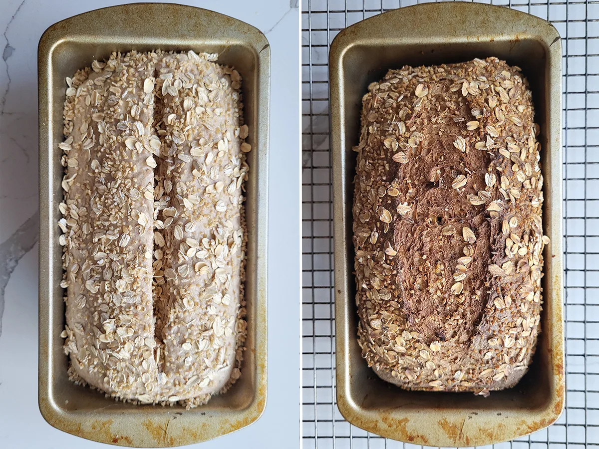 a loaf of sourdough multigrain bread in a pan before and after baking.