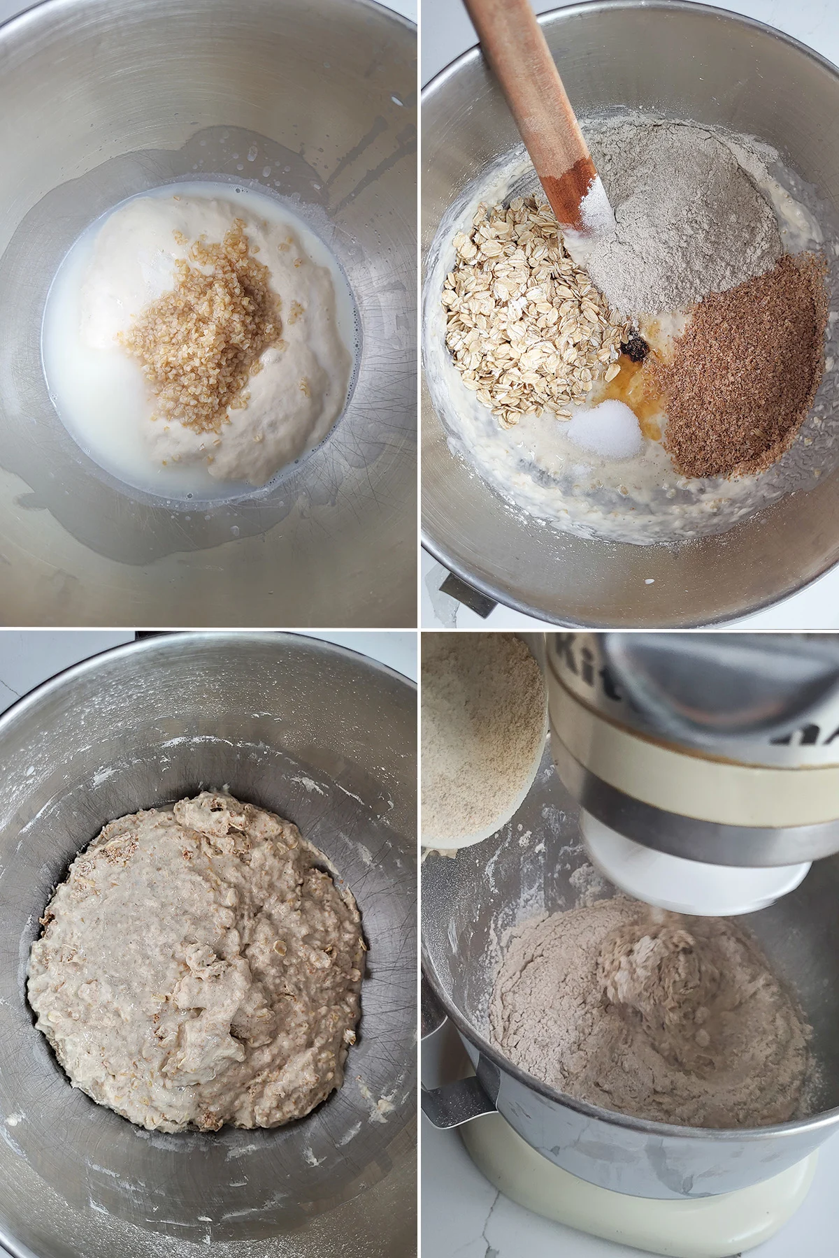 Four photos showing bowl of sourdough multigrain bread dough with ingredients being added.