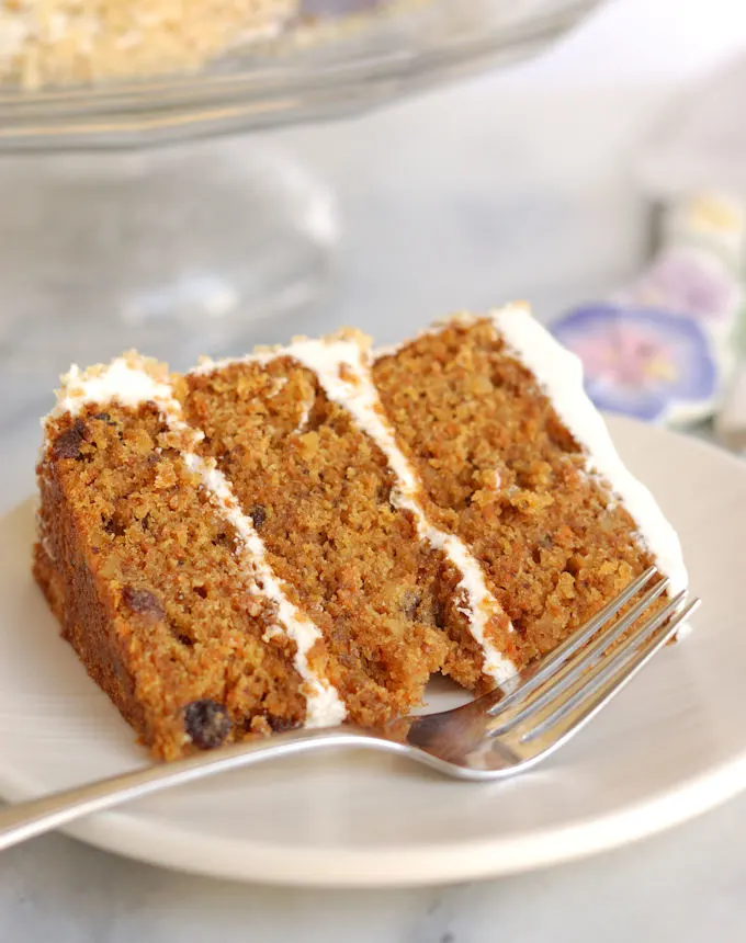 beauty shot of carrot cake with cream cheese frosting.