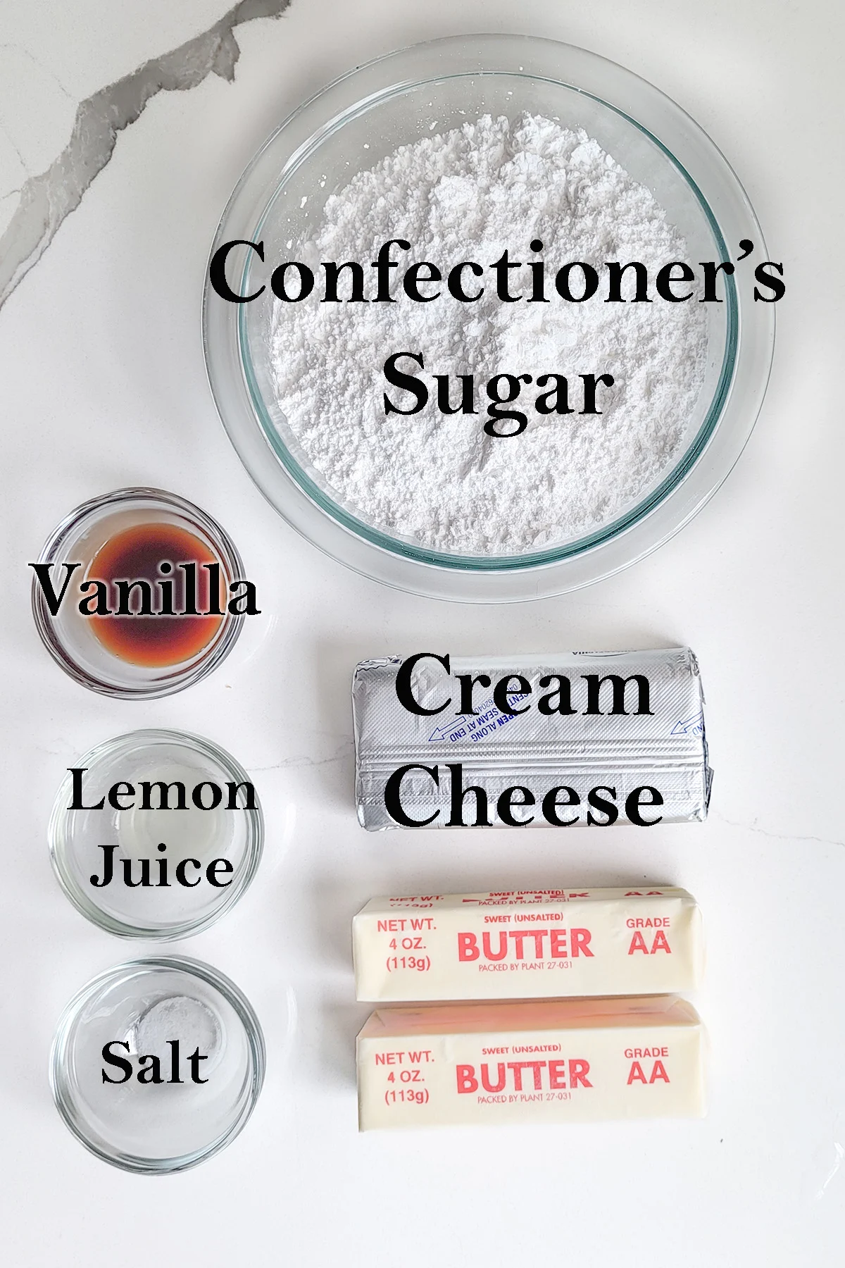 Ingredients for cream cheese frosting with text overlay.