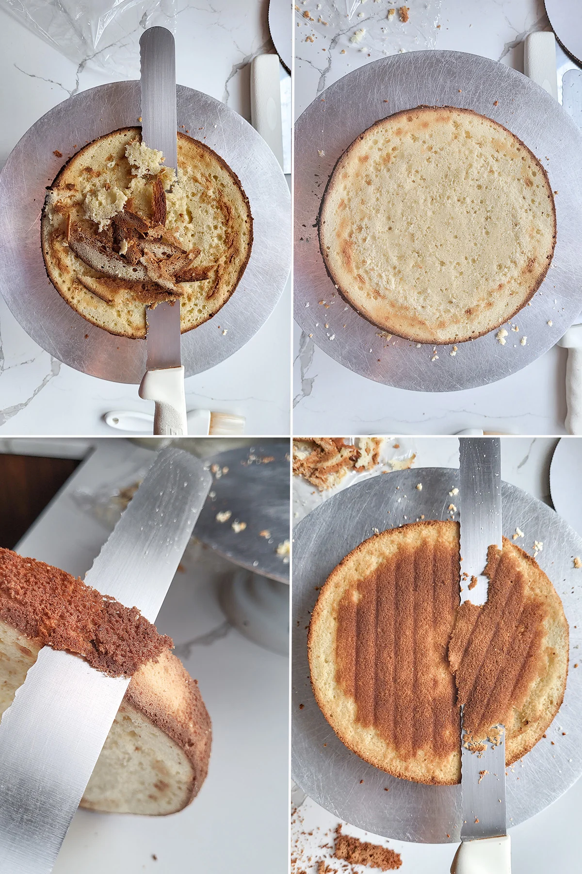 Trimming the top and sides of a cake.