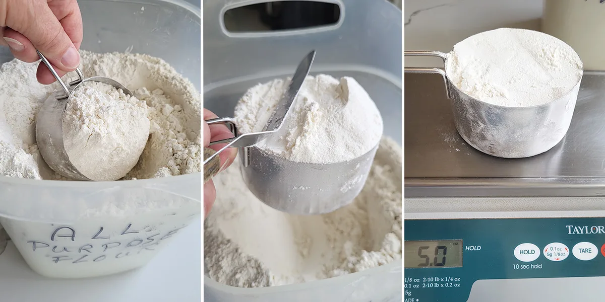 A measuring cup in a flour bin. An overfilled cup of flour. A cup of flour on a scale.