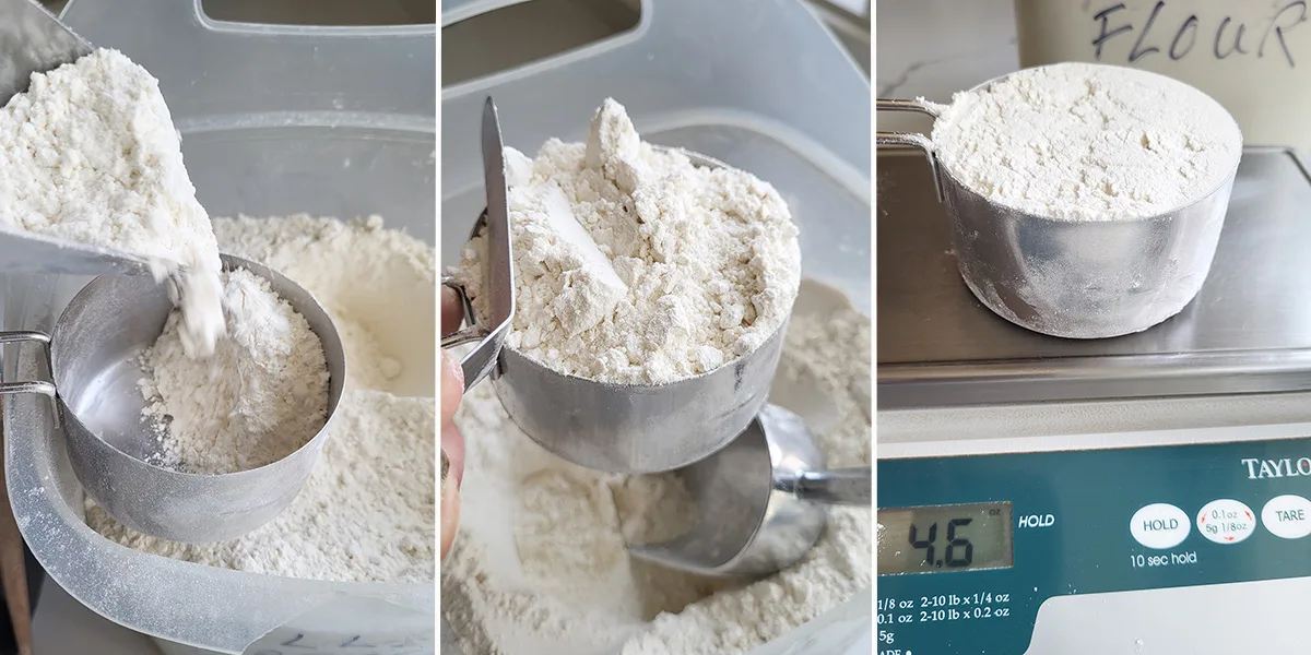 Flour spooned into a measuring. An overfilled cup of flour. A cup of flour on a scale.