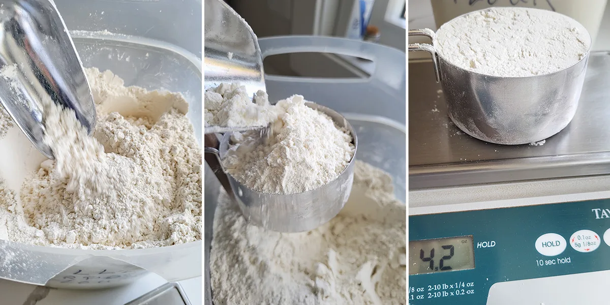 A scoop mixing flour in a bin.. An overfilled cup of flour. A cup of flour on a scale.