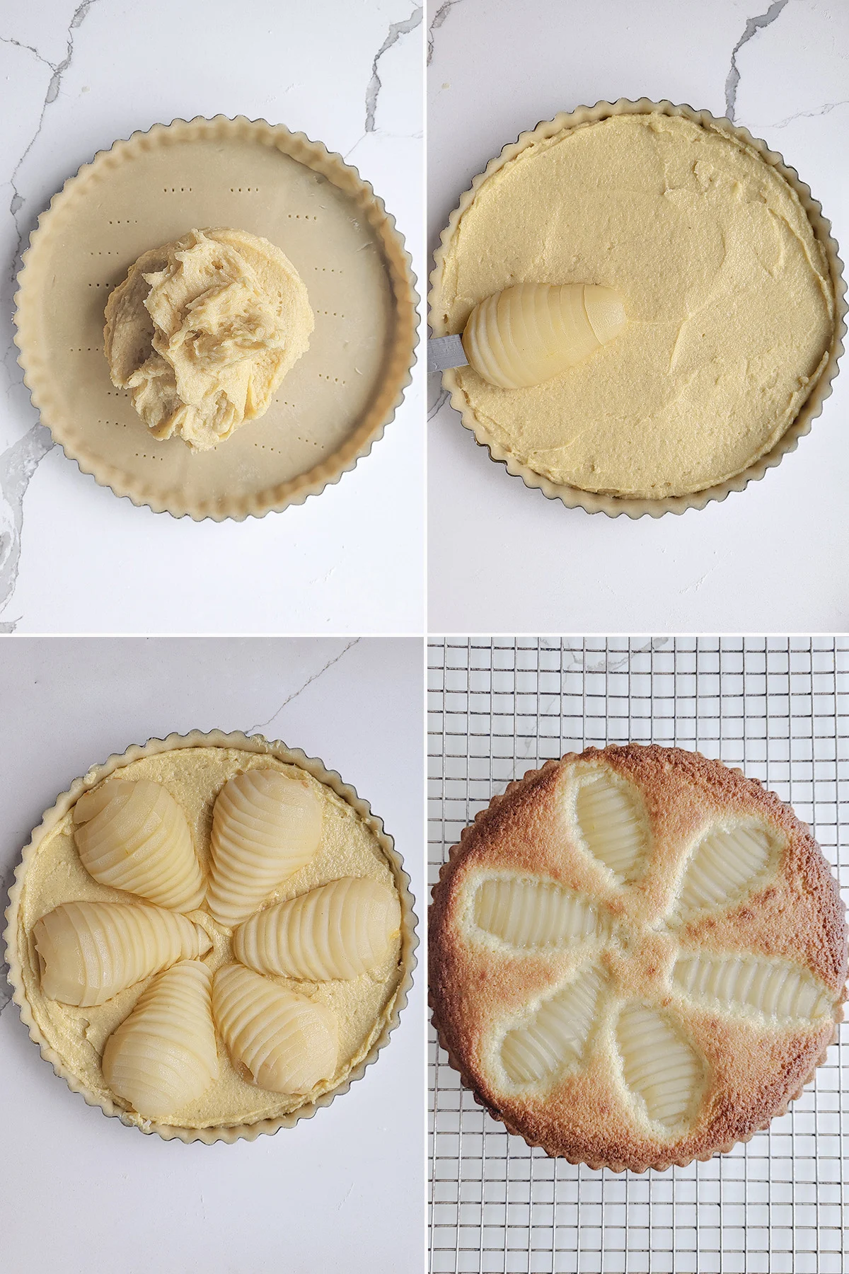 Frangipane in a tart shell with sliced pears. Tart before and after baking.