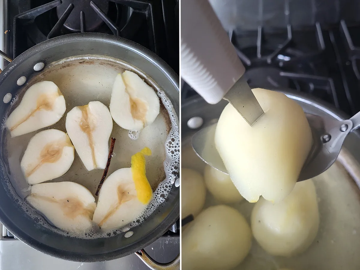 a pot with sugar syrup and pear. A knife piercing a pear.