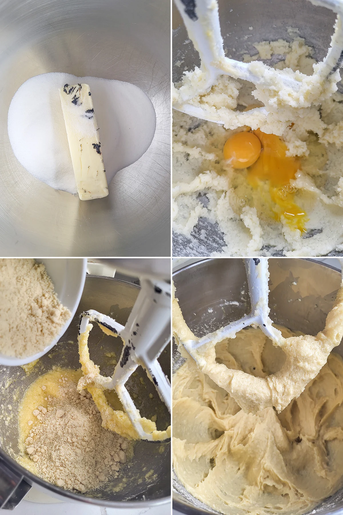 Butter and sugar in a bowl. Egg, almond flour added to the bowl. Batter on beater.