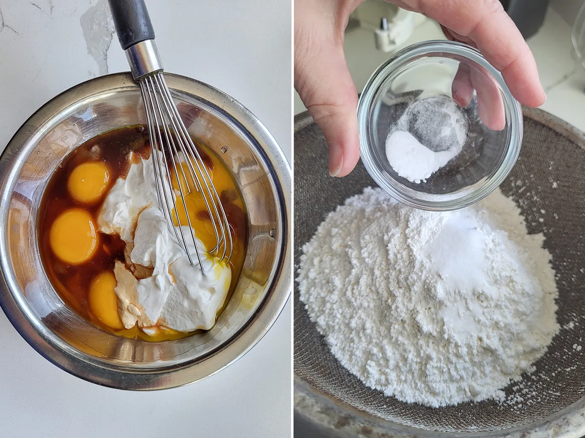 A bowl with eggs and sour cream. A sifter with flour.