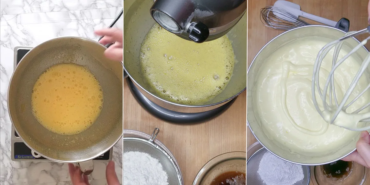 A bowl of eggs on a mixer. A bowl of ribboned eggs.