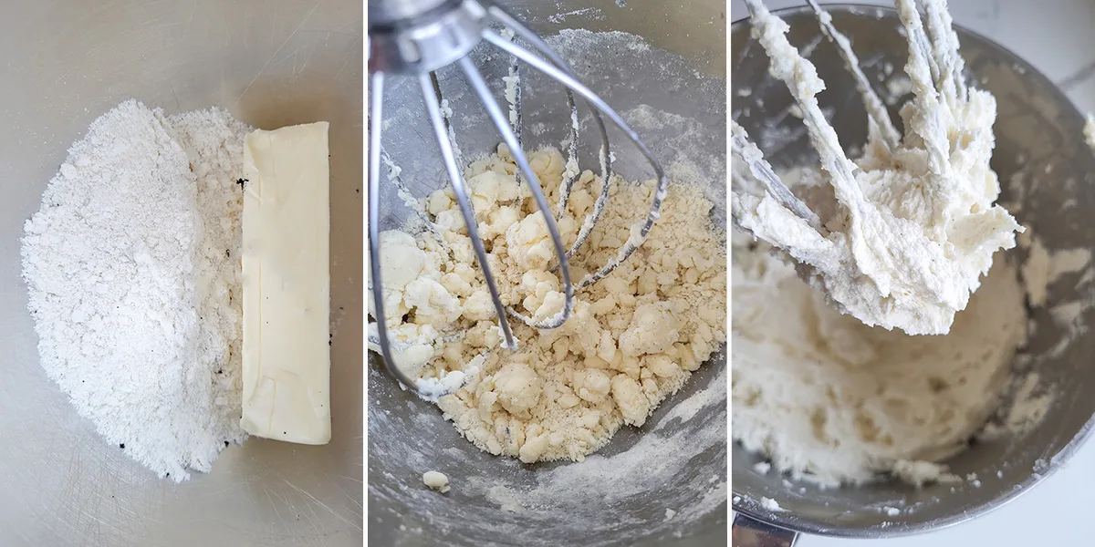 a mixing bowl with sugar and butter and whip.