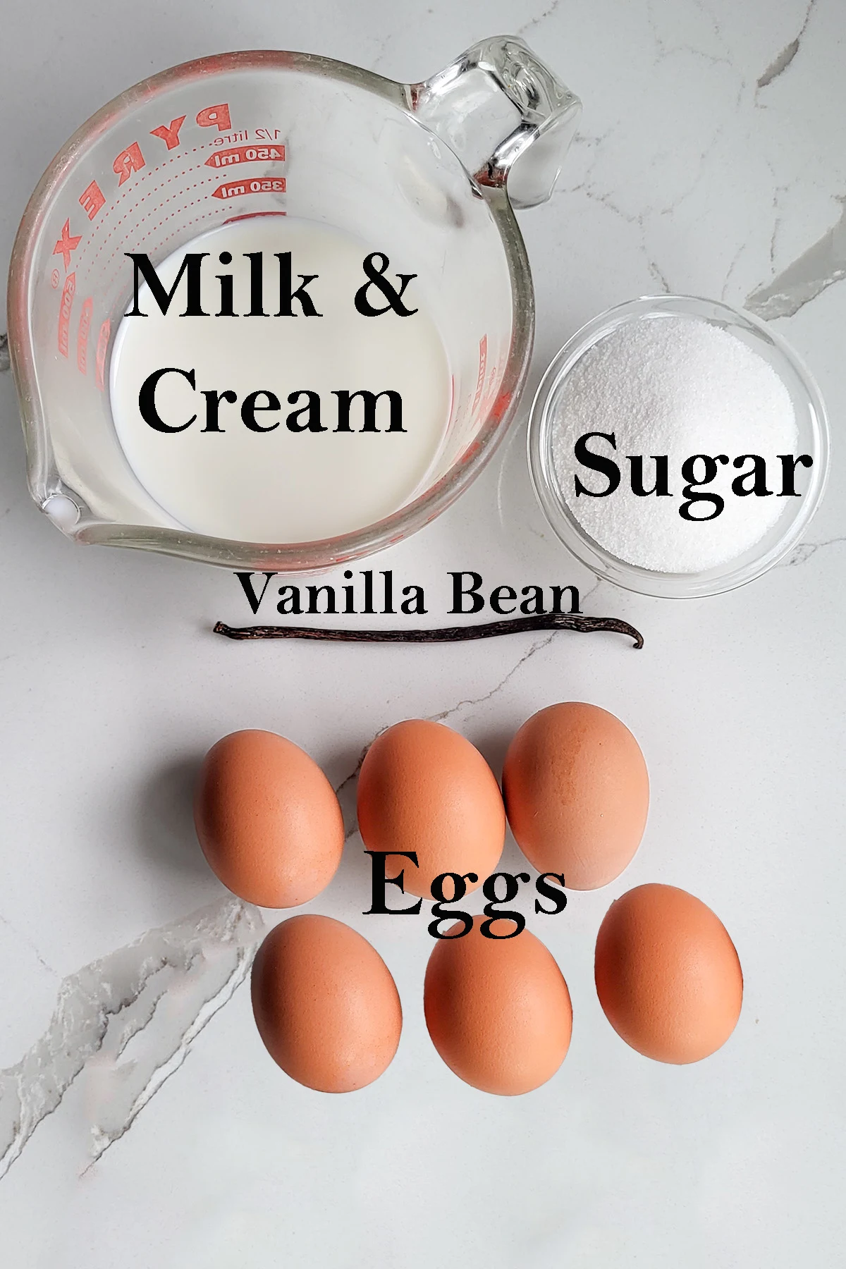 cream, sugar, eggs and vanilla in bowls.