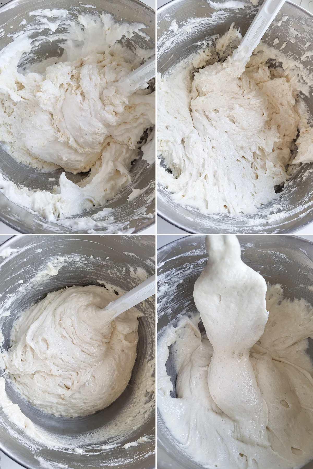 Macaron batter in a mixing bowl with spatula.