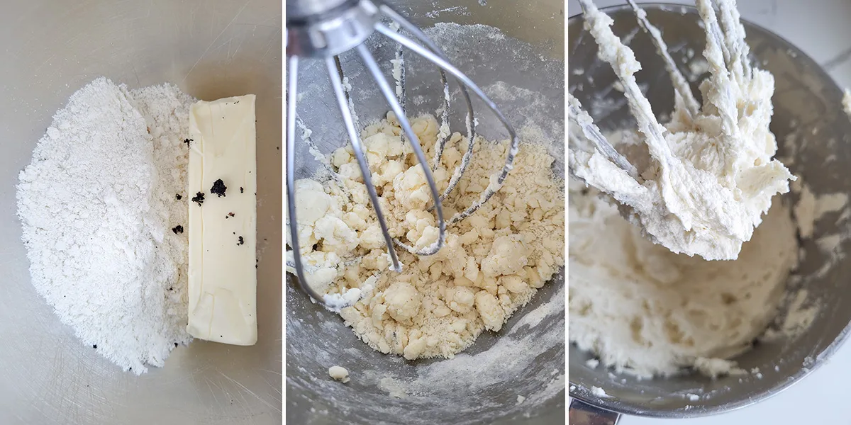 Butter and ground almond mixture in a mixing bowl with whip.