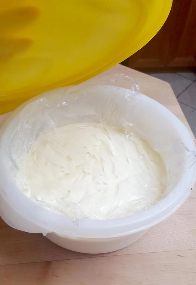 Ice cream in a plastic container.