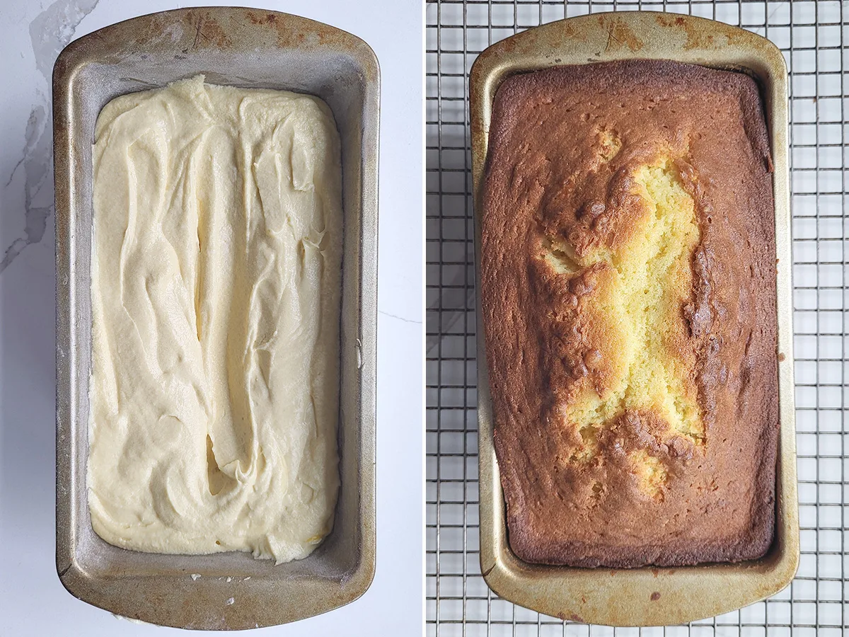 Sour cream pound cake batter in pan. Baked sour cream pound cake in pan.