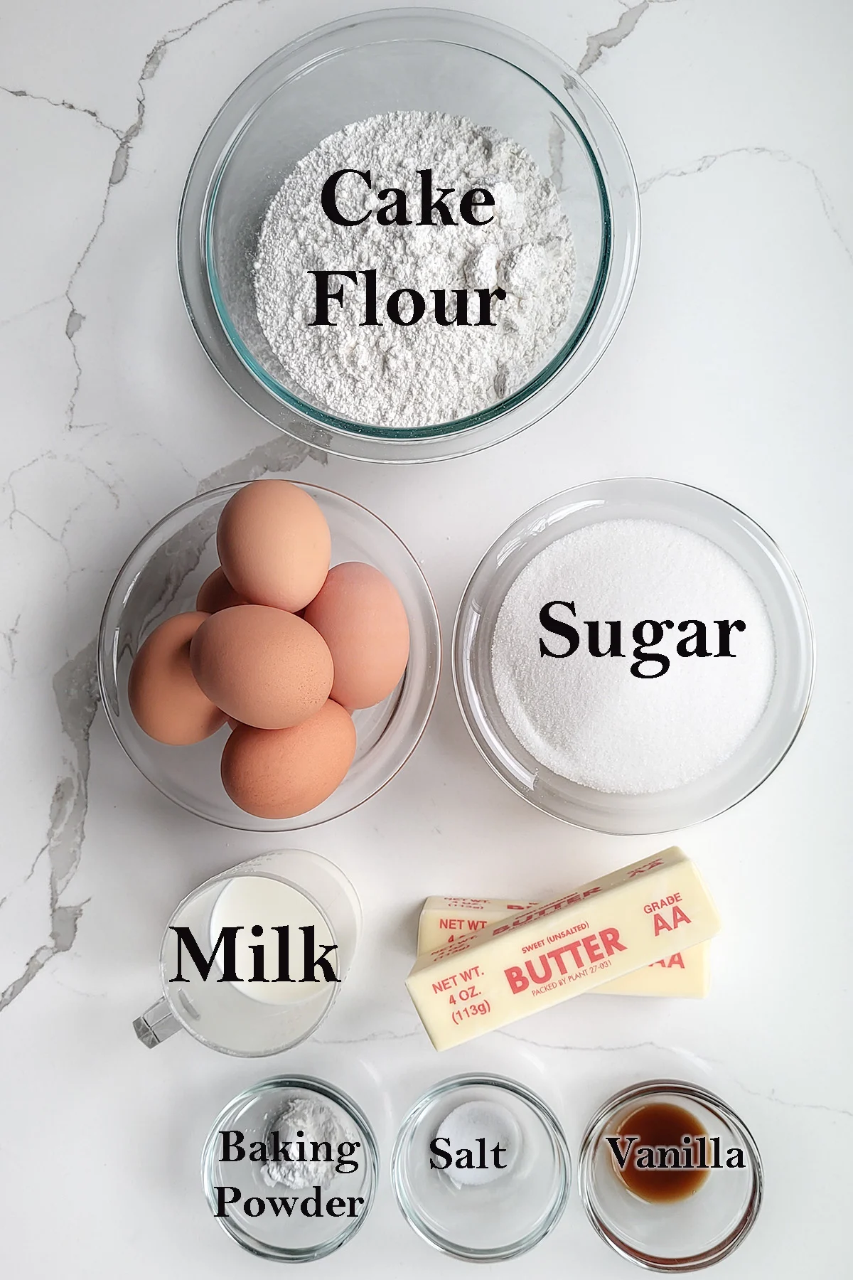 pound cake ingredients in bowls