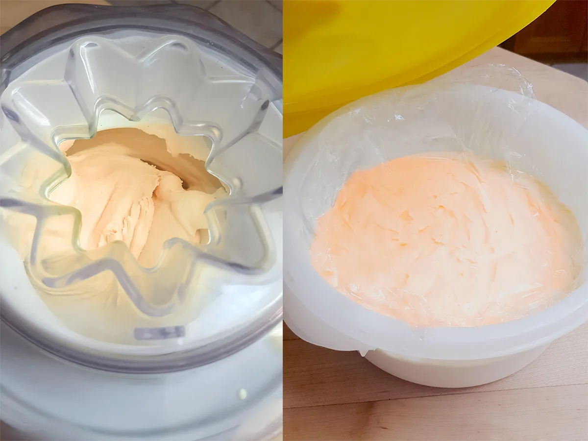 an ice cream machine filled with ice cream. A plastic container of ice cream.