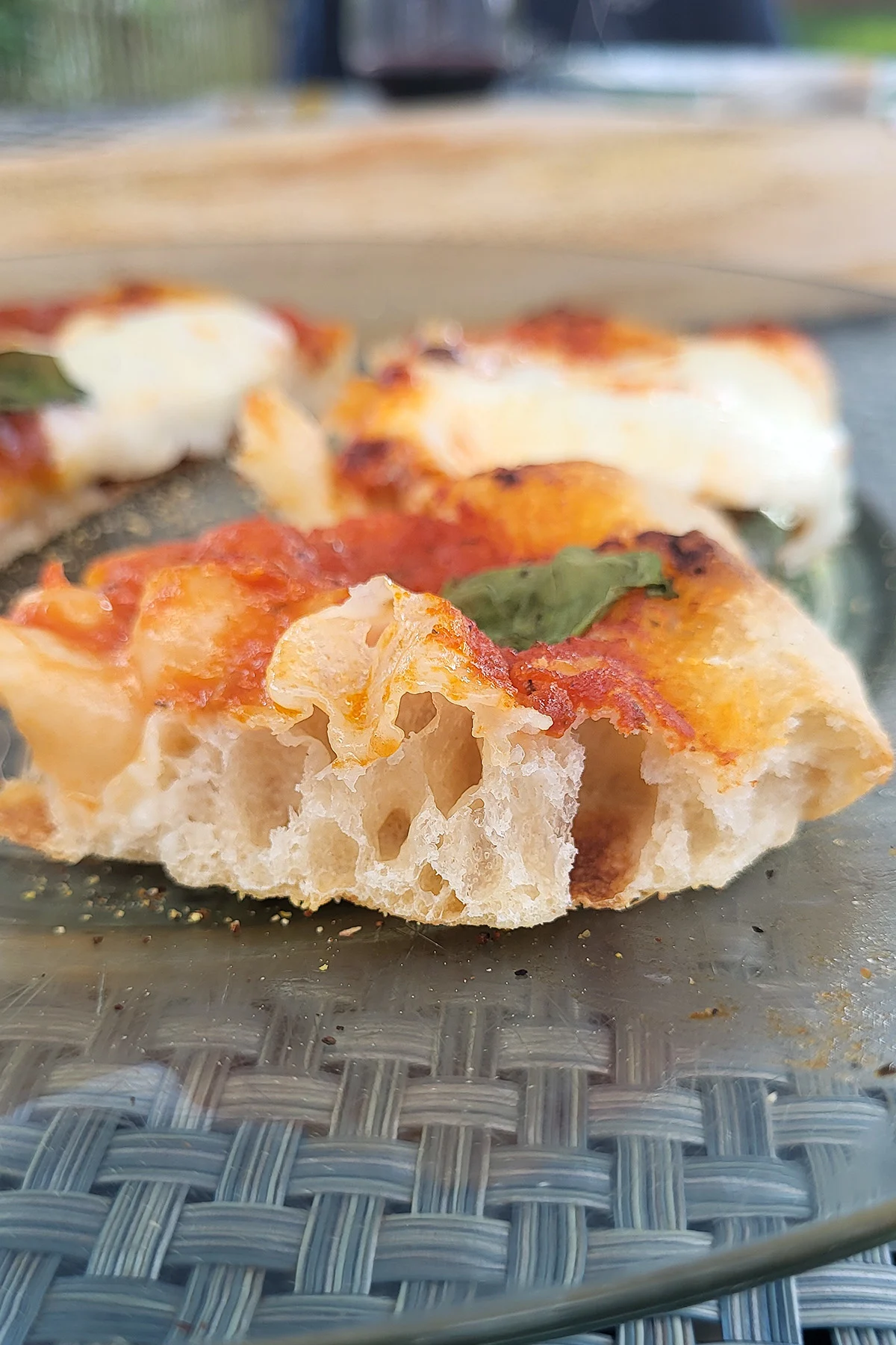 A closeup shot of pizza crust crumb.
