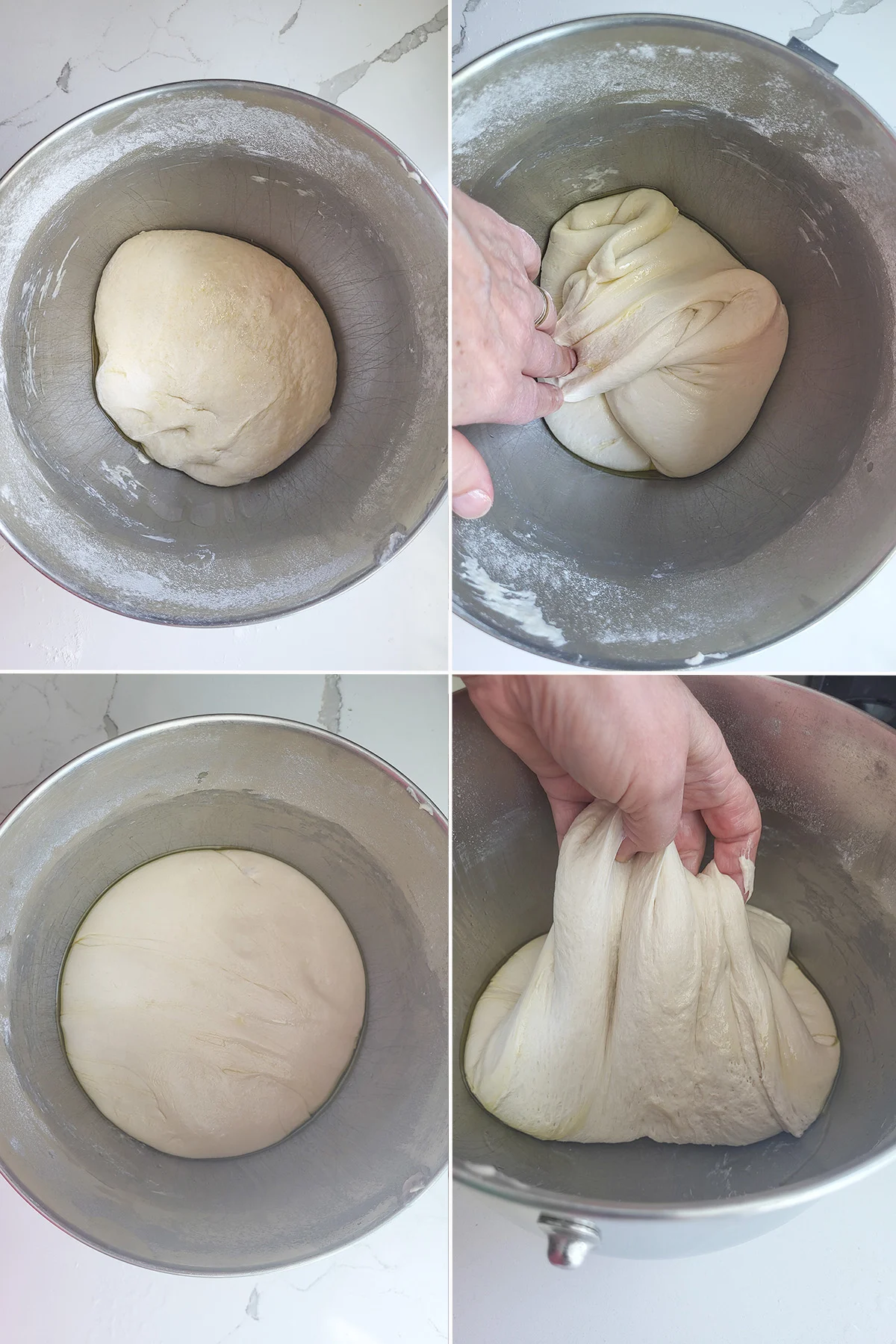 Pizza dough in a bowl shown 4x.