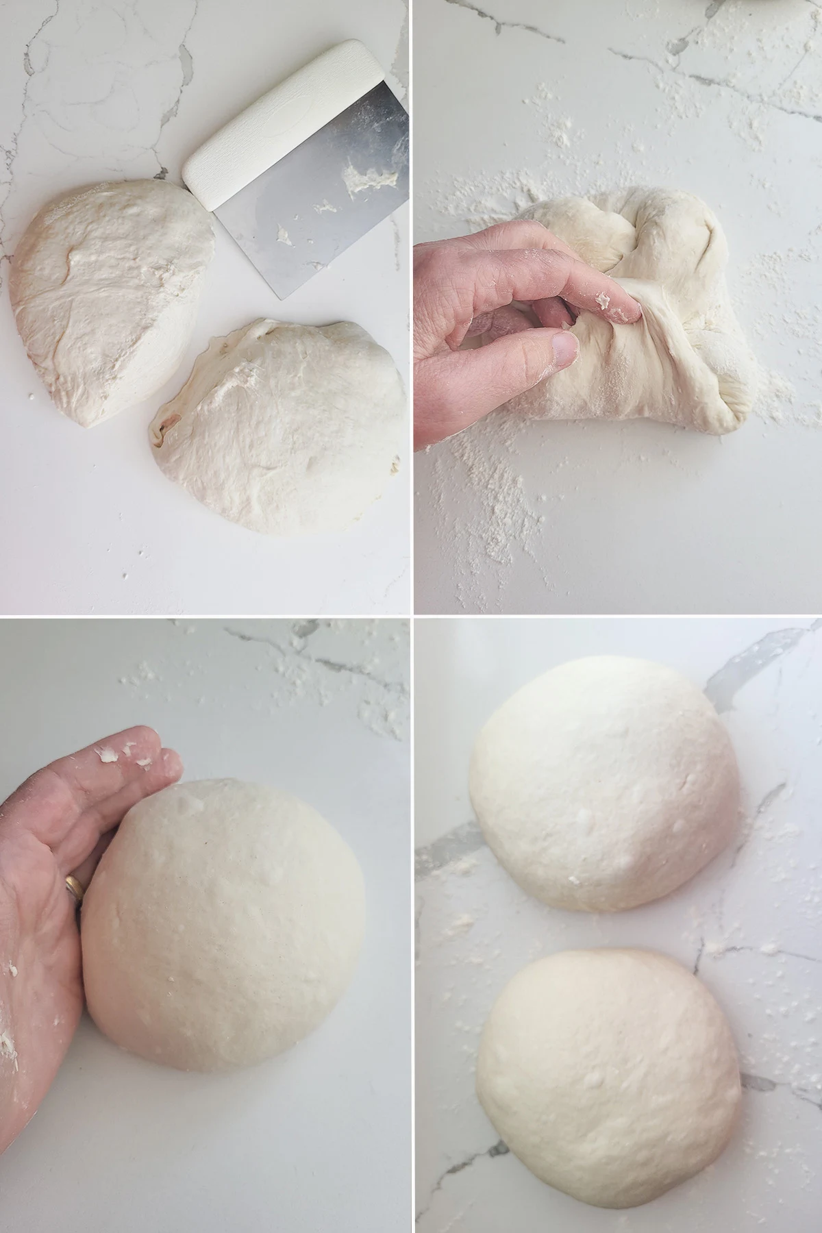 Pizza dough divided in two. Folding and shaping rounds of pizza dough.