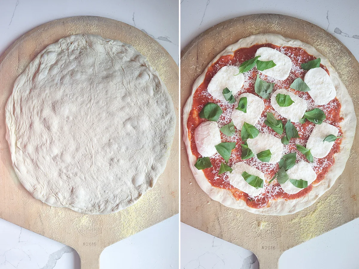 a pizza without topping on a wooden peel and a pizza with topping on a wooden peel.