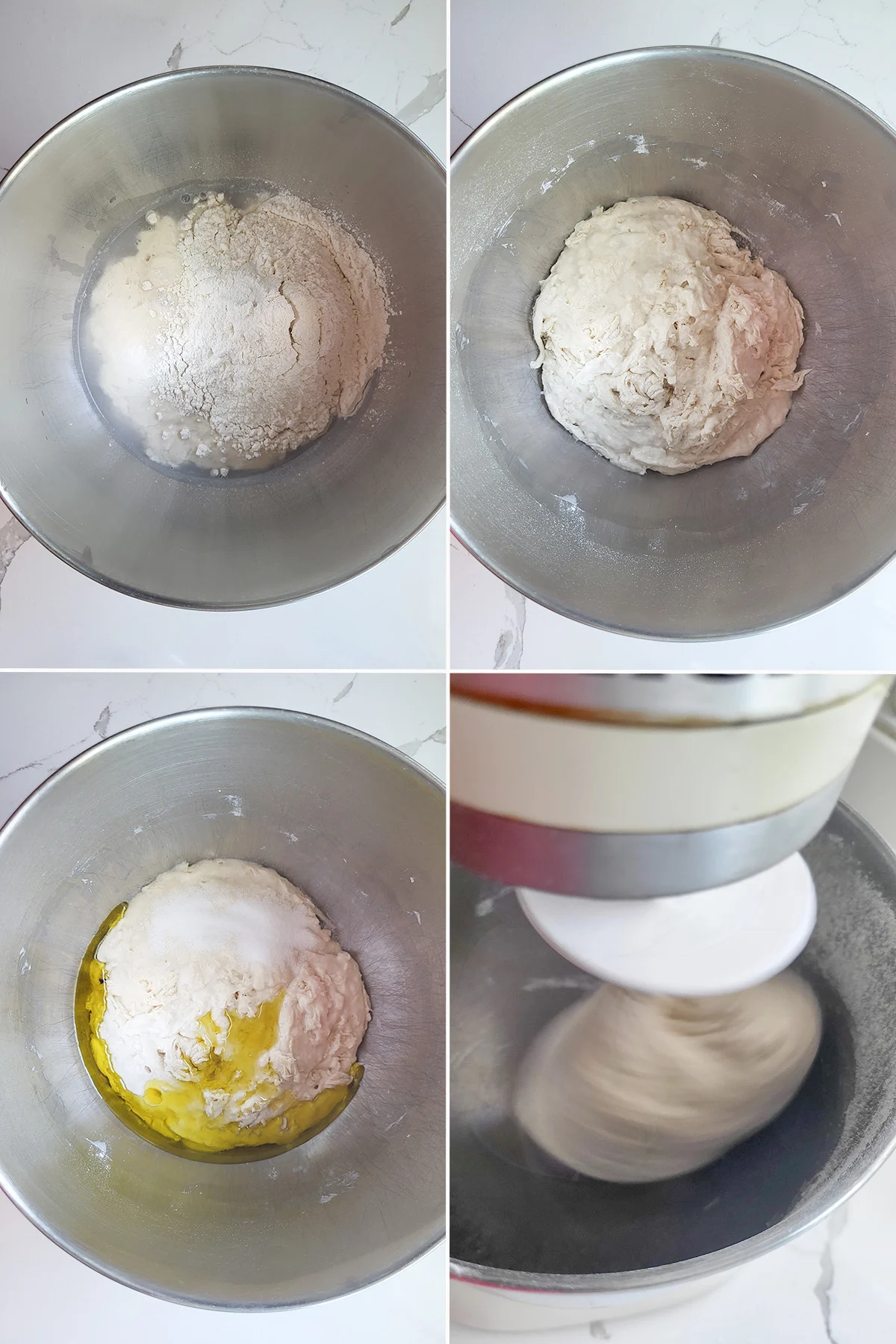 sourdough starter and water in a mixing bowl. Dough with hook in mixer.