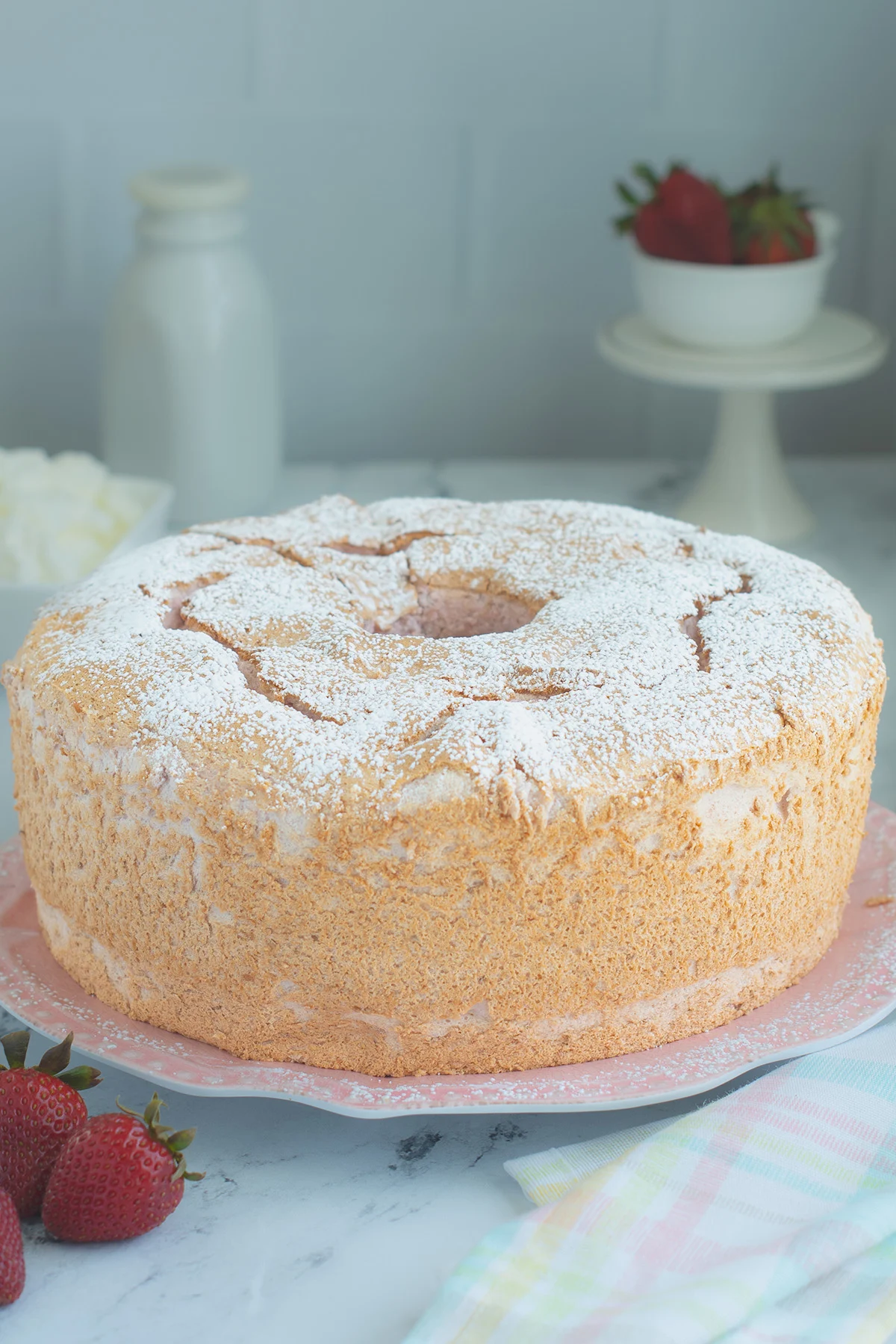 beauty shot of strawberry angel food cake