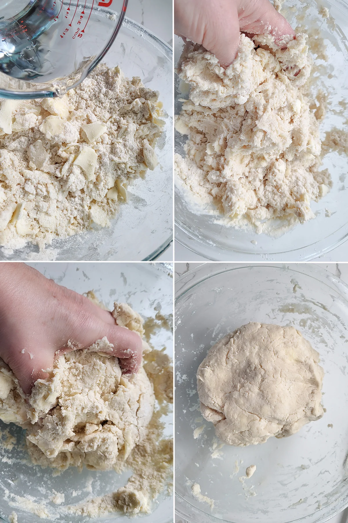 A bowl of pie dough being mixed by hand.