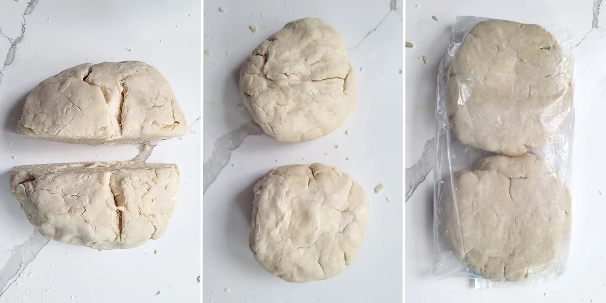 Pie dough cut in two. Two discs of pie dough in a plastic bag.