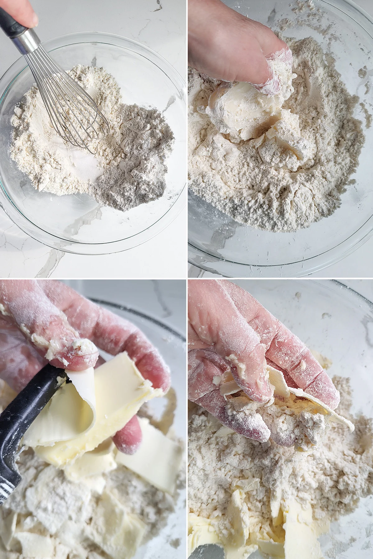 A bowl of flour with hand mixing in shortening. Butter slices tossed in flour.