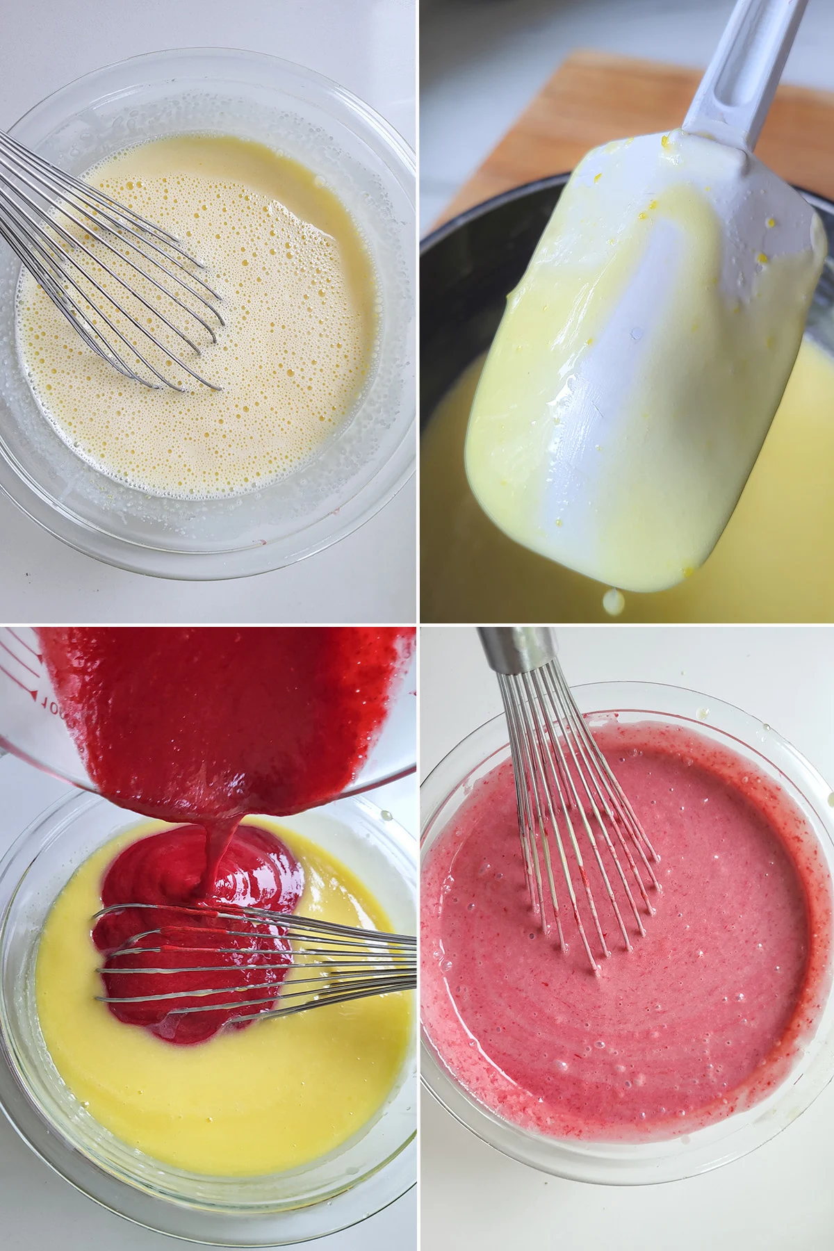 A spatula covered in custard. Raspberry puree added to custard.