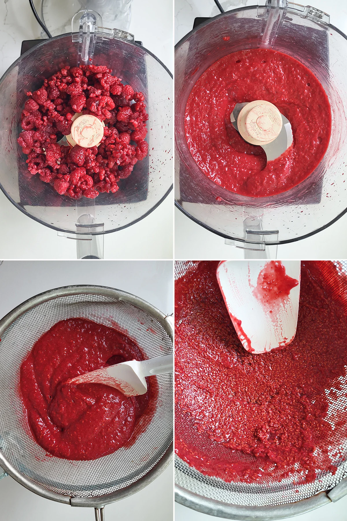 Raspberries in a food processor being pureed. Raspberries in a sieve being strained.