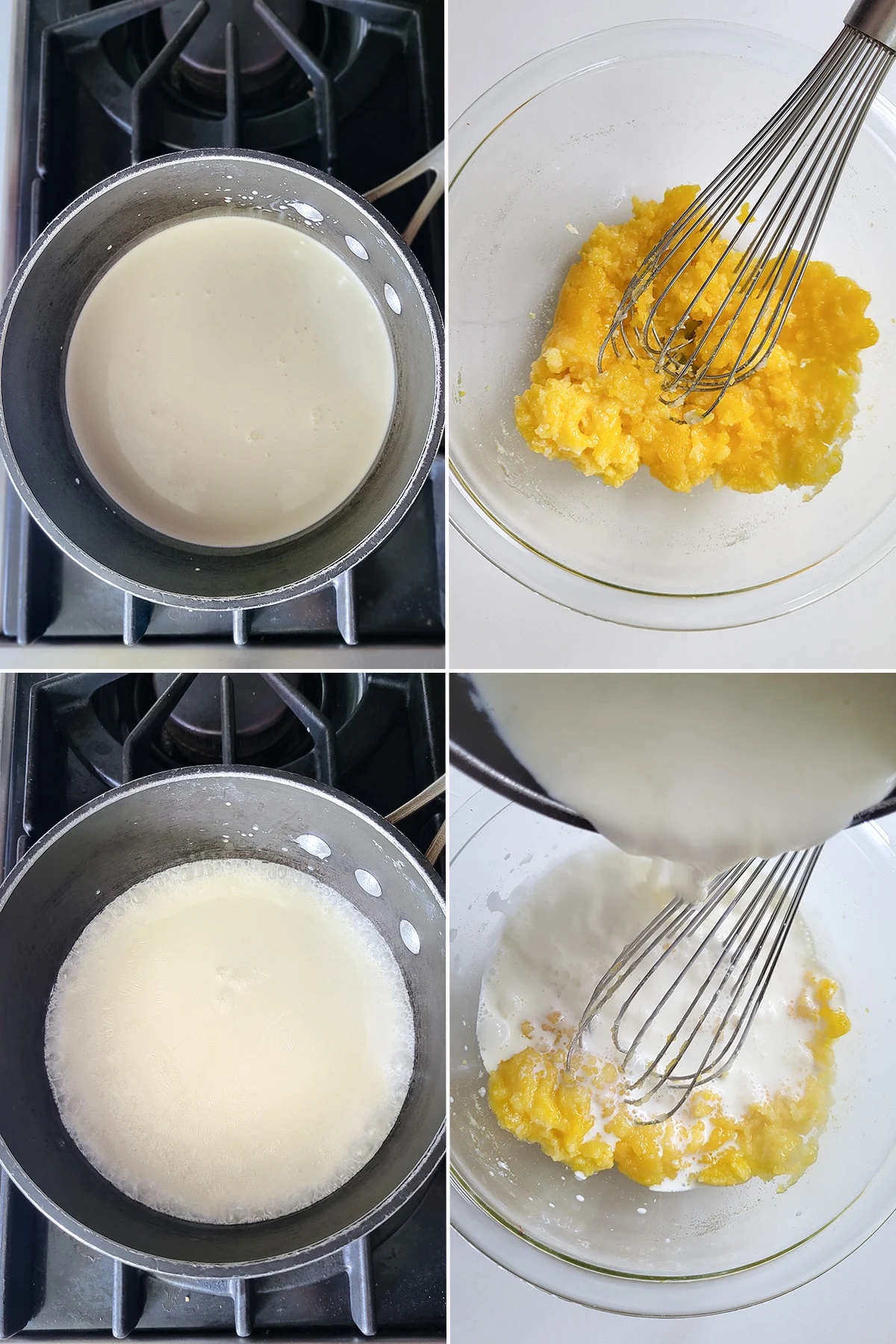 Milk heating in a pot. A bowl of egg yolks and sugar.