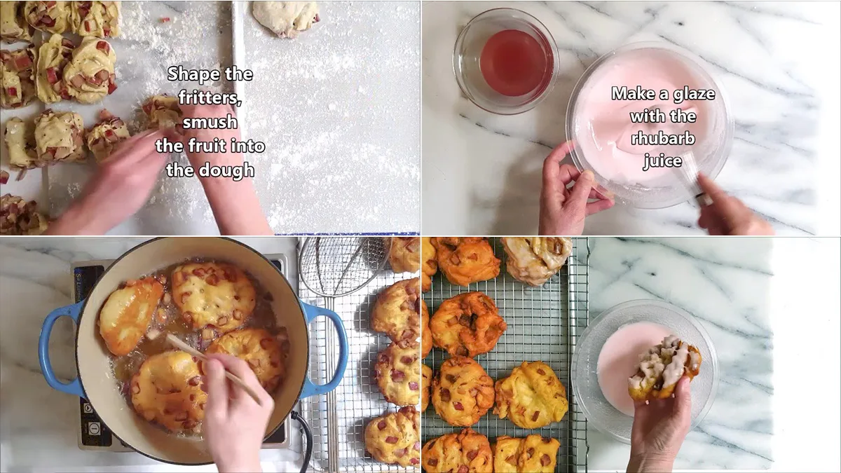 Forming dough into fritters. A pot of iol with donuts frying. Dipping fritter in glaze.