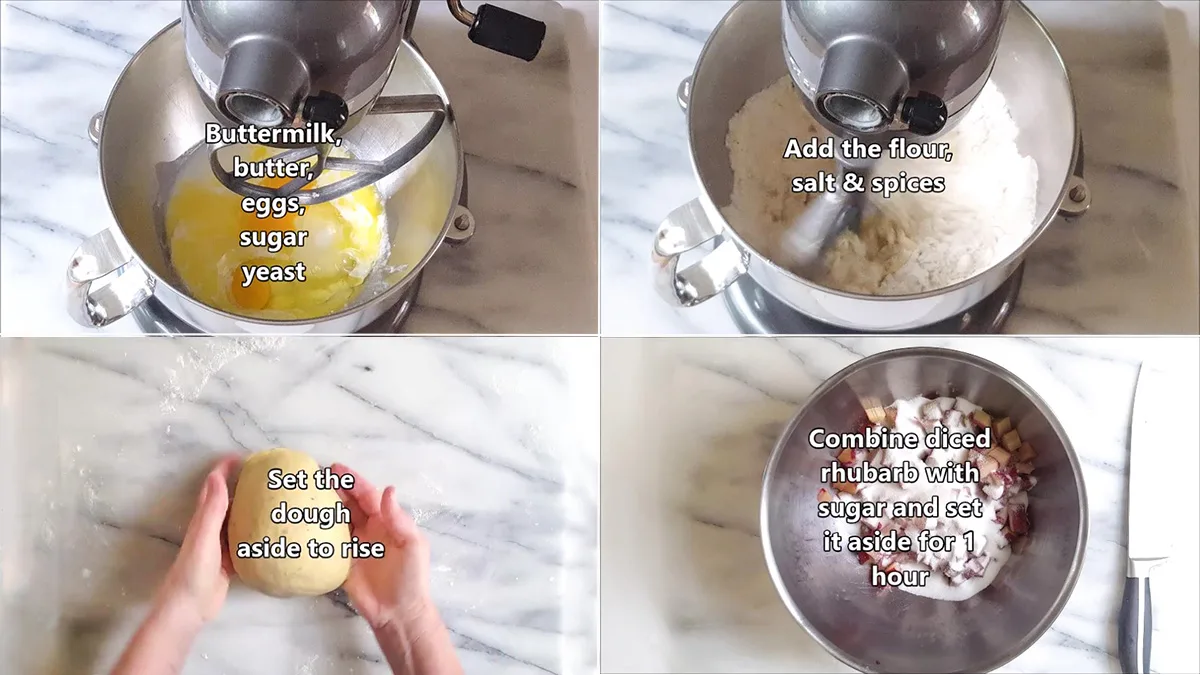 Ingredients for donut dough in a stand mixer. A ball of dough. A bowl of chopped rhubarb and sugar.