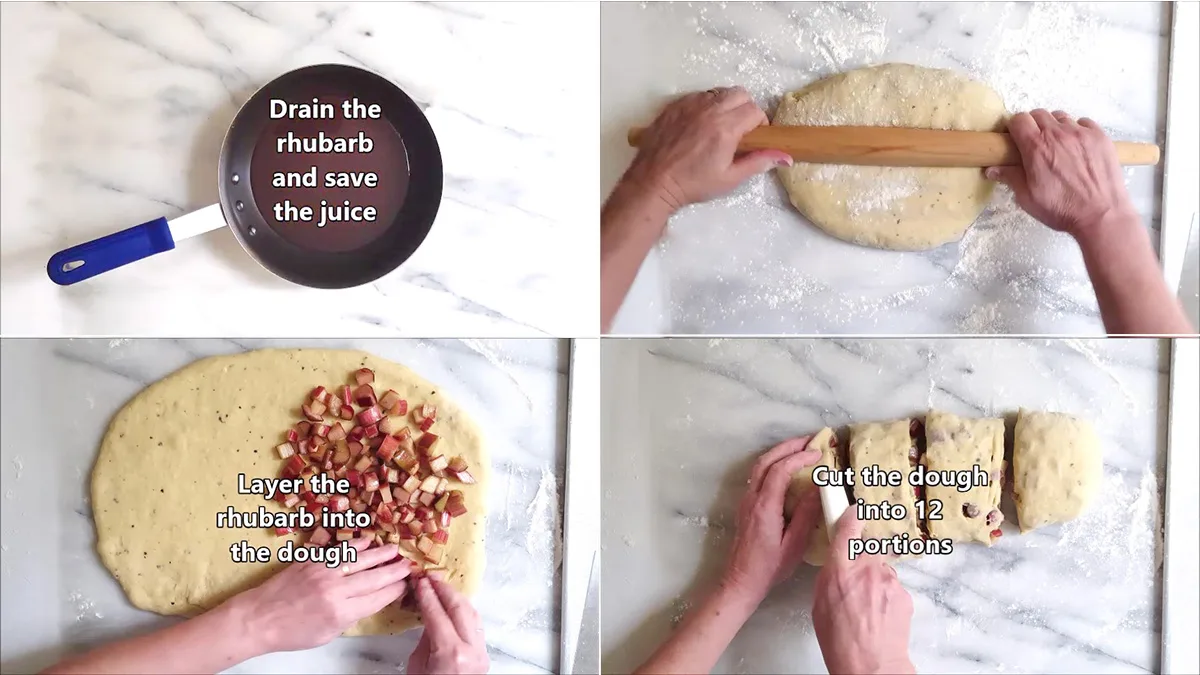 Rolling donut dough. Chopped rhubarb on rolled dough. Cutting dough into portions.