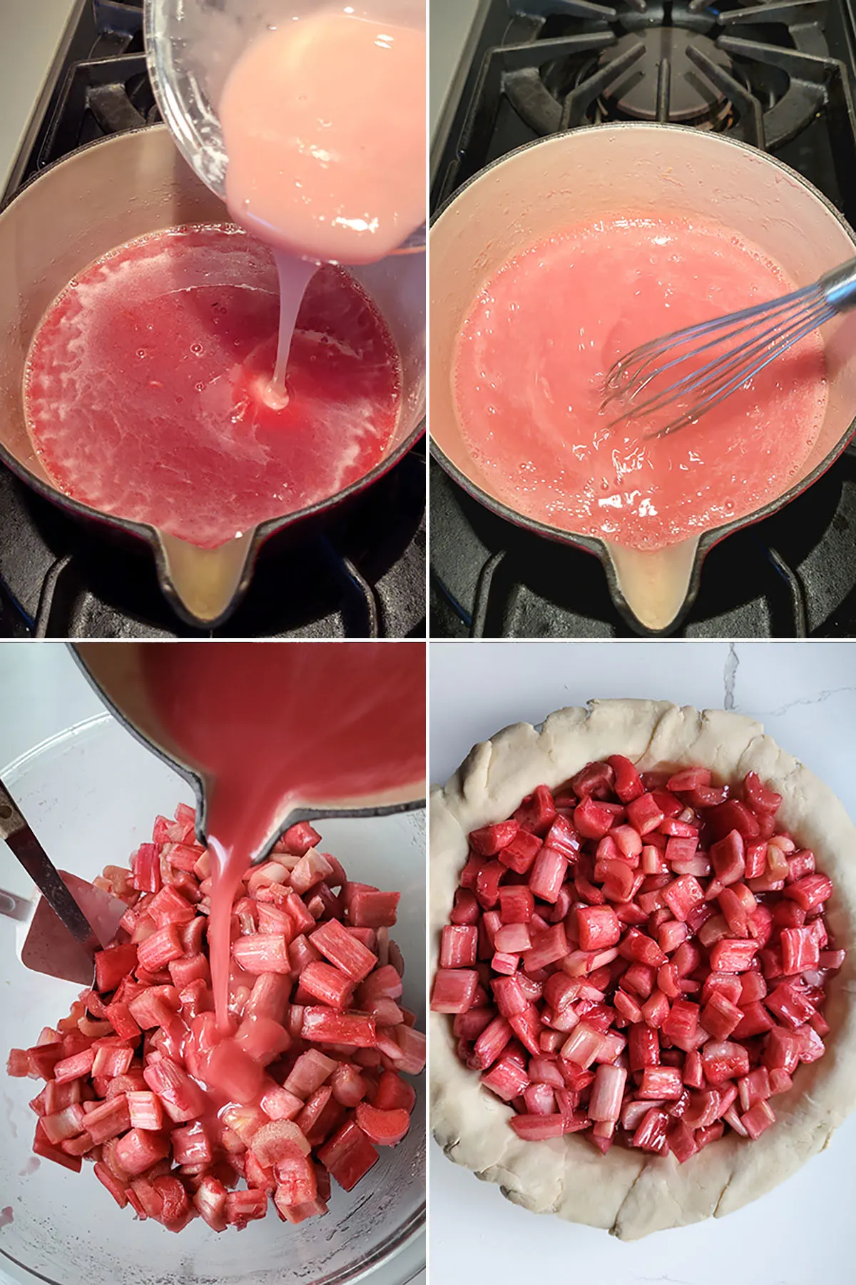 A saucepan with rhubarb juice, cornstarch added. Rhubarb juice tossed with chopped rhubarb in a pie.