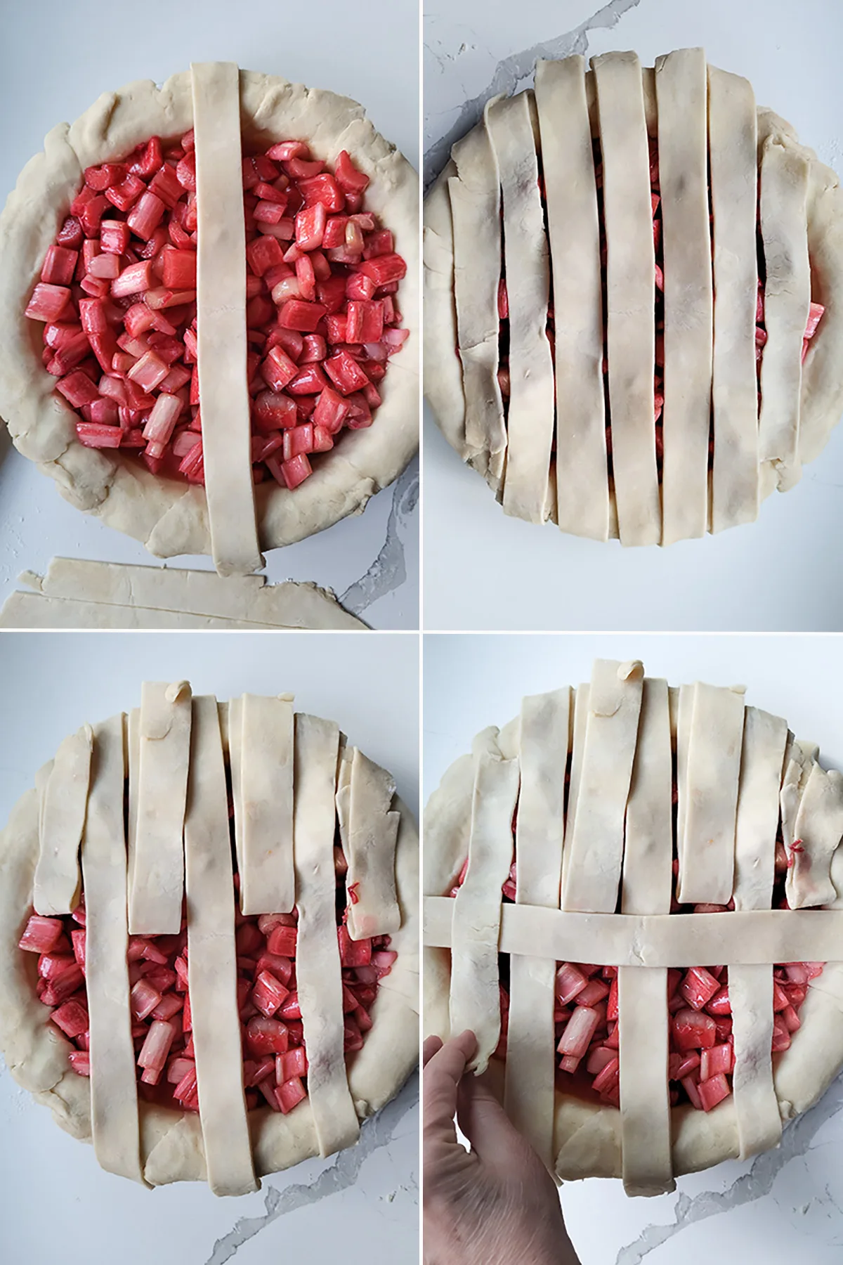 Weaving strips of pie dough over a rhubarb pie.