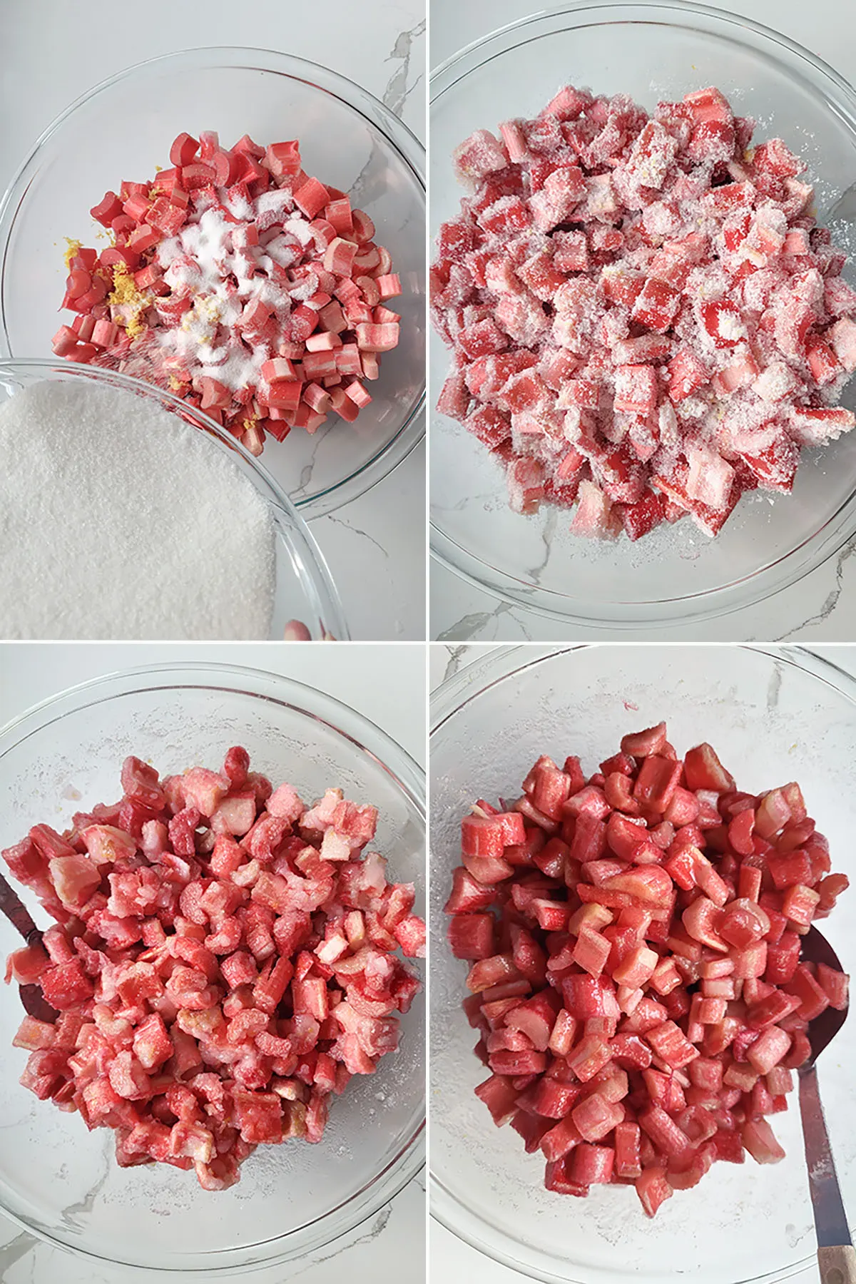 Rhubarb and sugar in a bowl changing  over 1 hour.