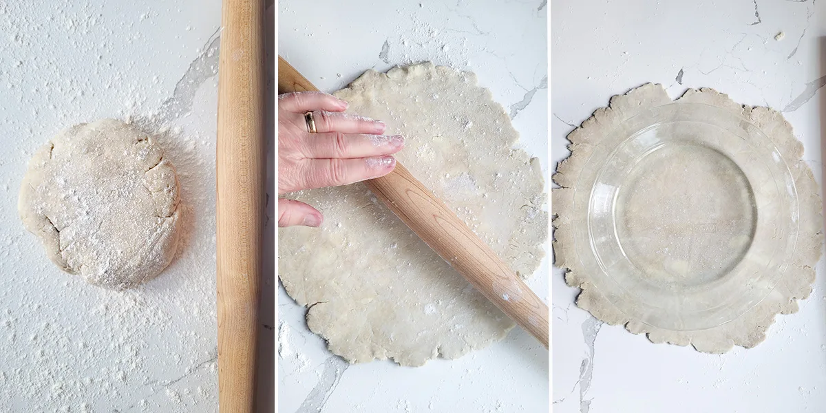 A disc of pie dough. A rolling in rolling dough. 