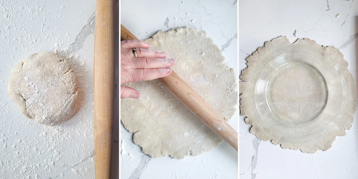 A disc of pie dough. A rolling in rolling dough.