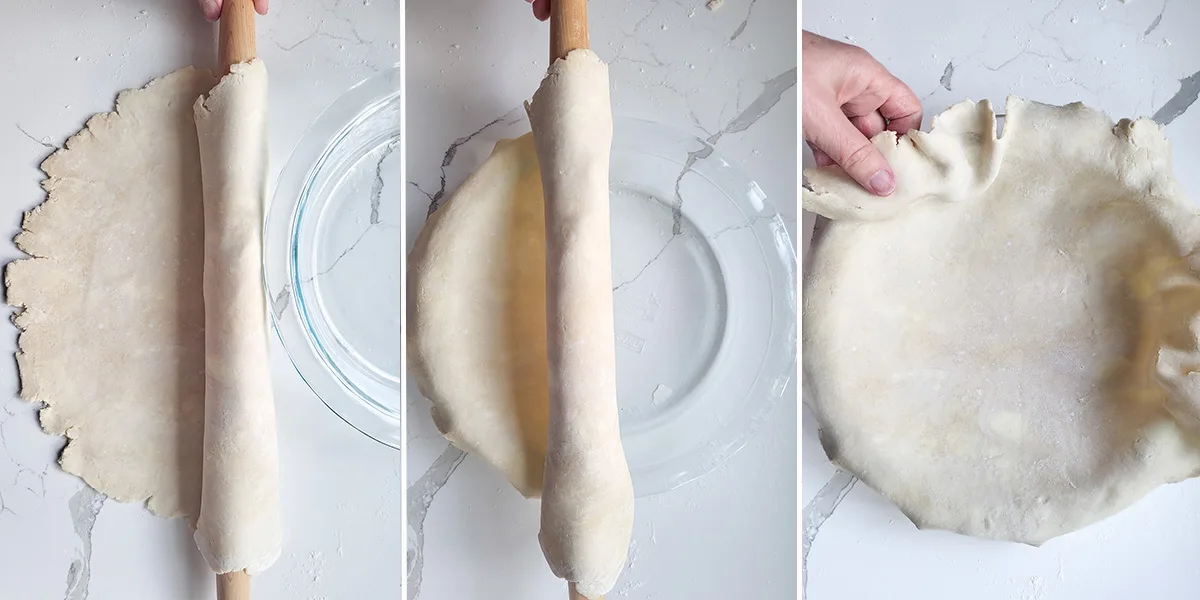 Pie dough on a rolling pin. Pie dough in a pie pan.