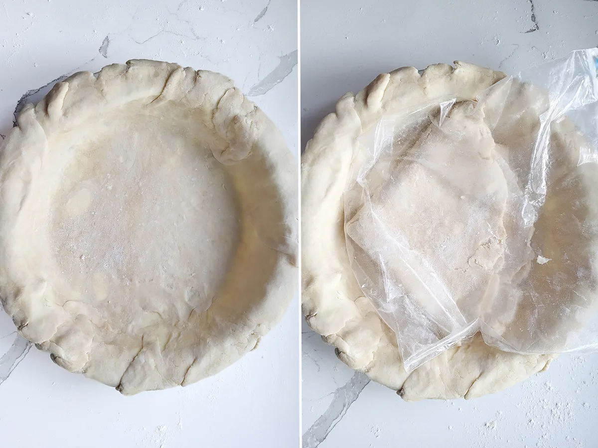 a pie plate lined with dough and a bag of dough into the pan.