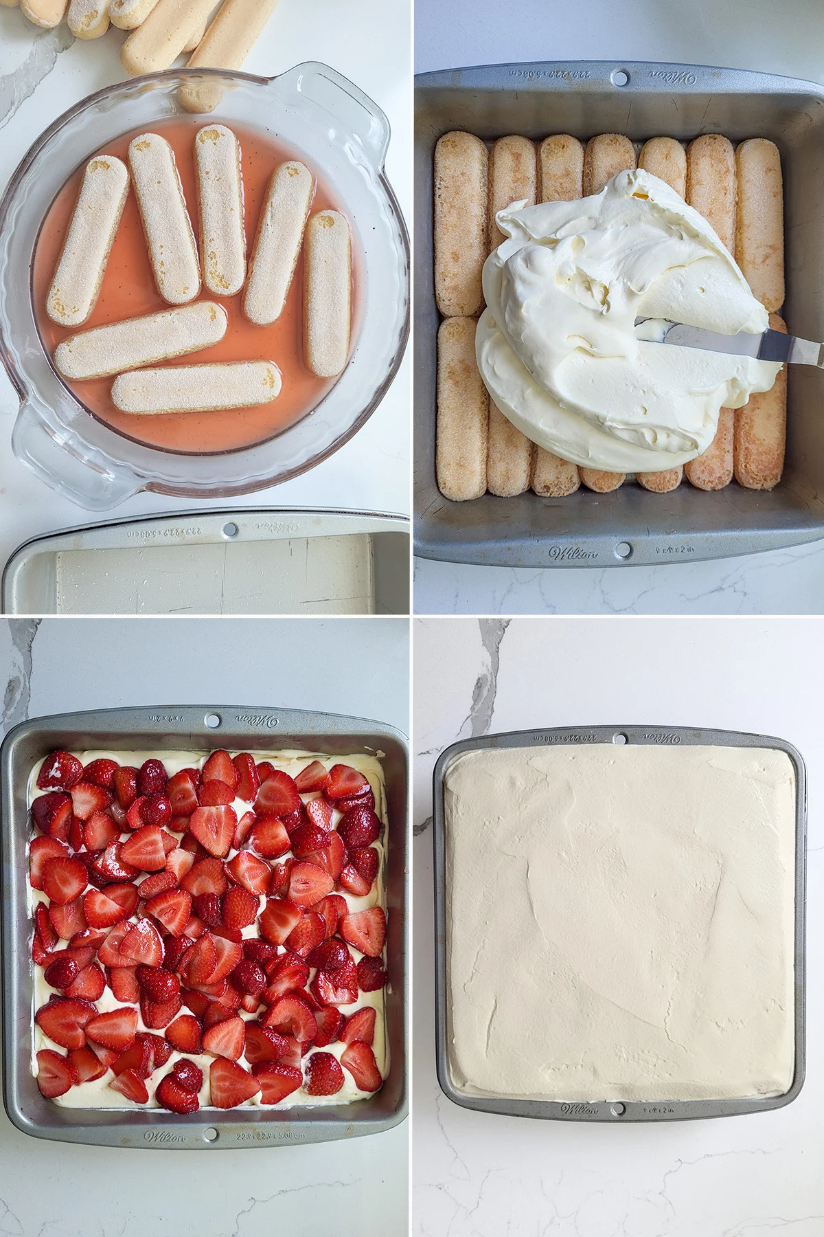 Lady fingers soaking in syrup. Spreading cream on a pan of lady fingers. Strawberries on cream.