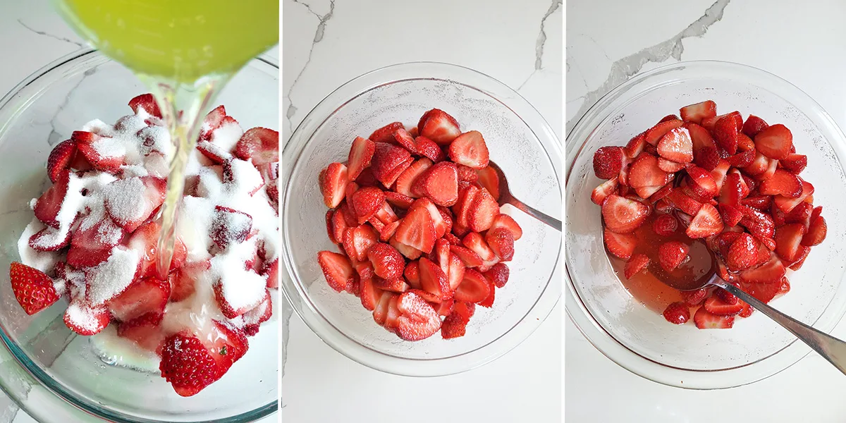 Three bowls of strawberries before, during and after maceration.