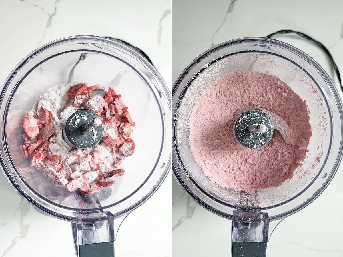 a food process with dried strawberries and sugar before and after grinding.