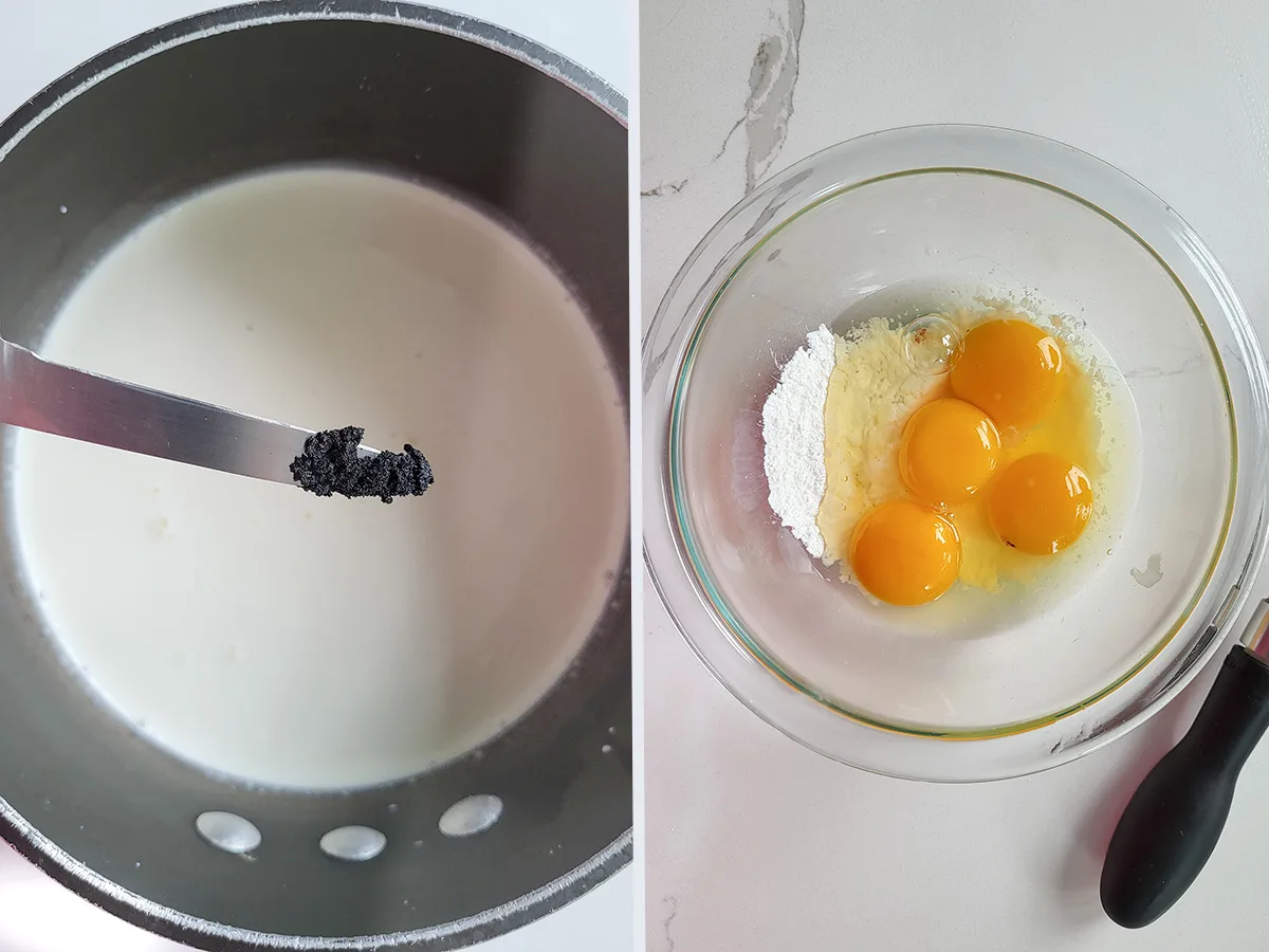 Vanilla bean seeds on the tip of a knife over a pan of milk. A bowl of eggs and cornstarch.