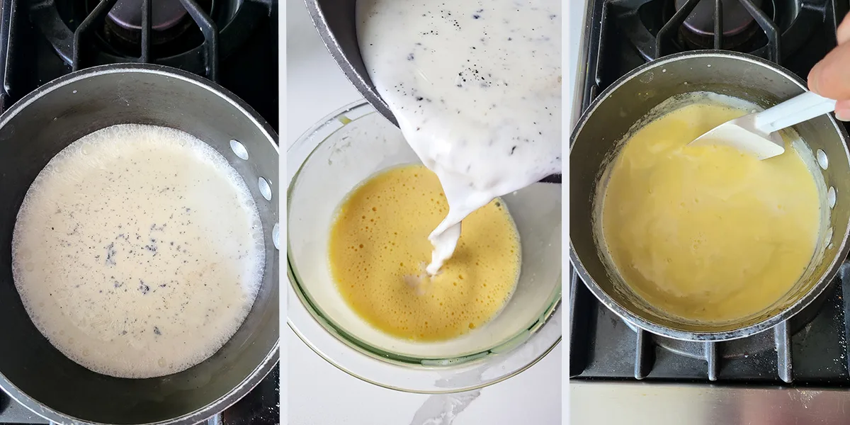 A pan of scalding milk. Milk pouring into a bowl of eggs. A pan of custard on a stove.