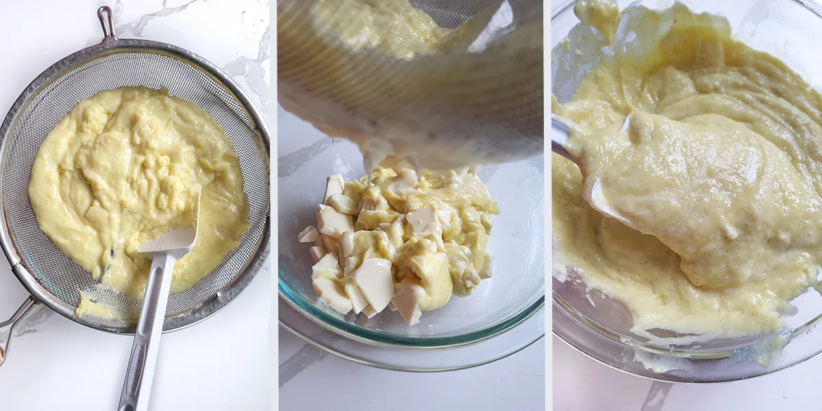 Straining pastry cream over white chocolate in a glass bowl.
