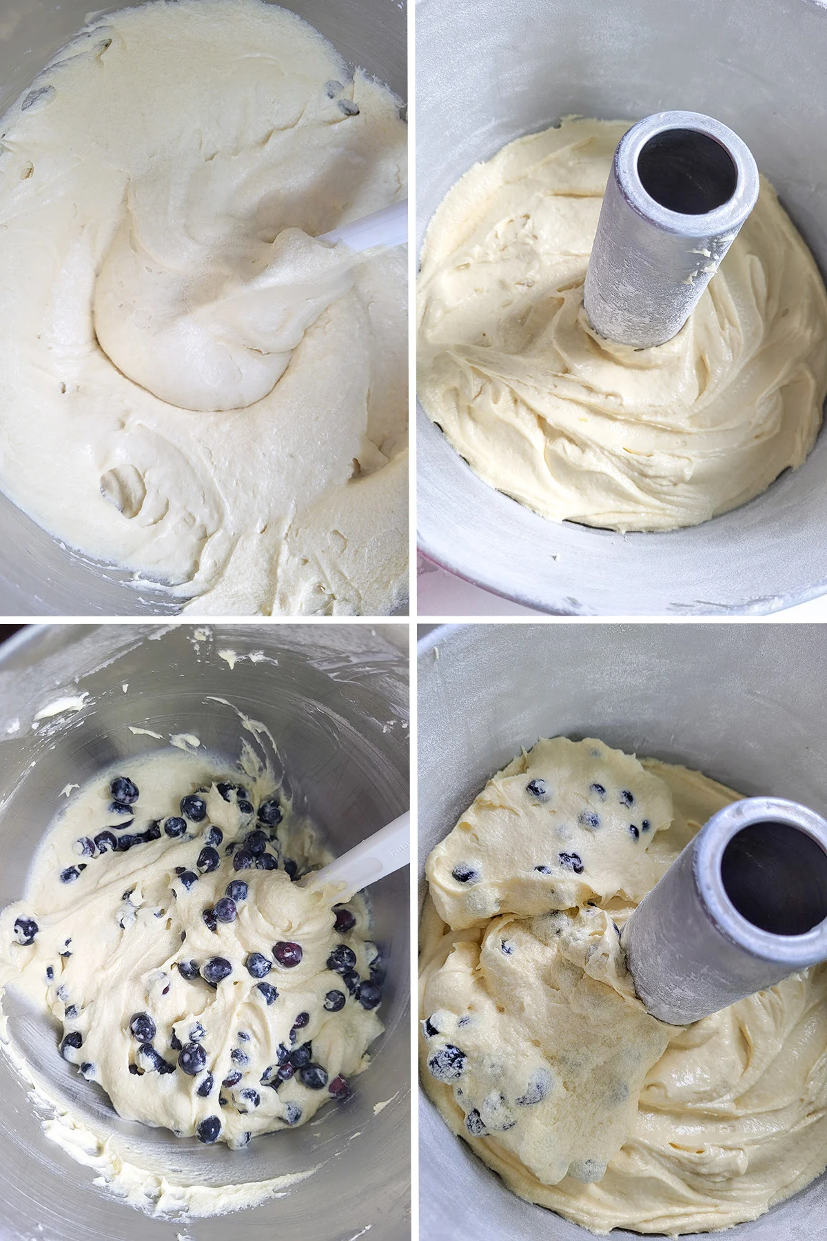 Cake batter with blueberries folded in. Cake batter spread in a tube pan.